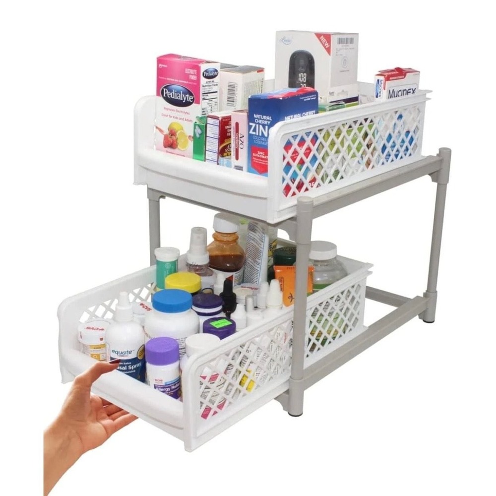 Skywin‎ 2-Tier Sliding Cabinet Pull Out Organizer, White Plastic Storage Drawers